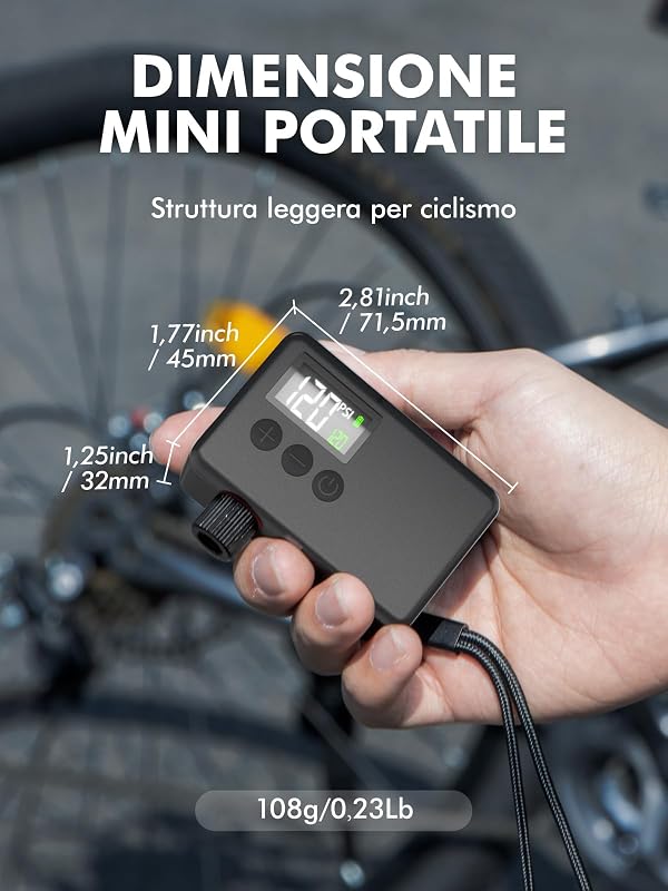 Mini Pompa Elettrica Bici, 120 Psi Compressore Aria Portatile