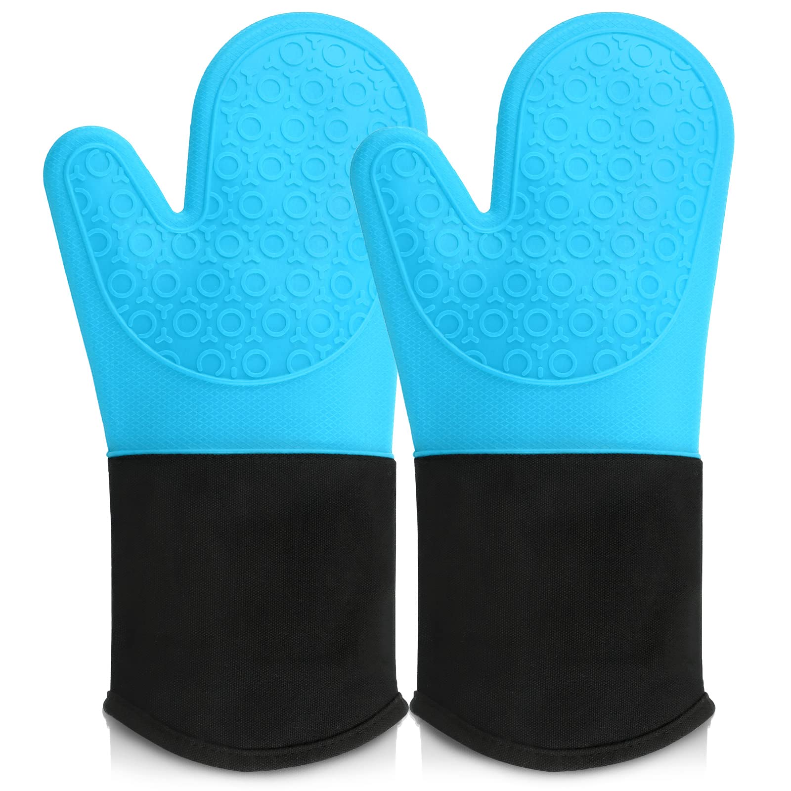 Mardatt 2Pcs Blue Silicone Oven Mitts, Professional Heat Resistant Oven Mitt, Textured and Non-Slip Grip, Extra Length Waterproof Baking Gloves for Kitchen Cooking Outdoor Barbecue Blue