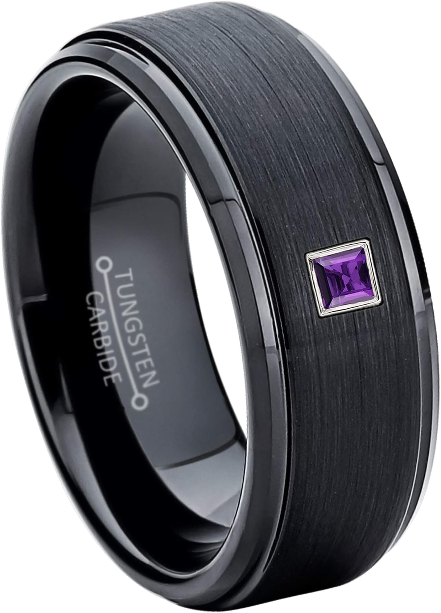 0.05ctw Solitaire Princess Cut Amethyst Tungsten Ring - 8MM Brushed Stepped Edge Black Tungsten Carbide Wedding Band - February Birthstone Ring