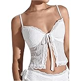 OYOANGLE Women's Lace Cami Tops Sleeveless Tie Front Split Camisole Cute Coquette Crop Top