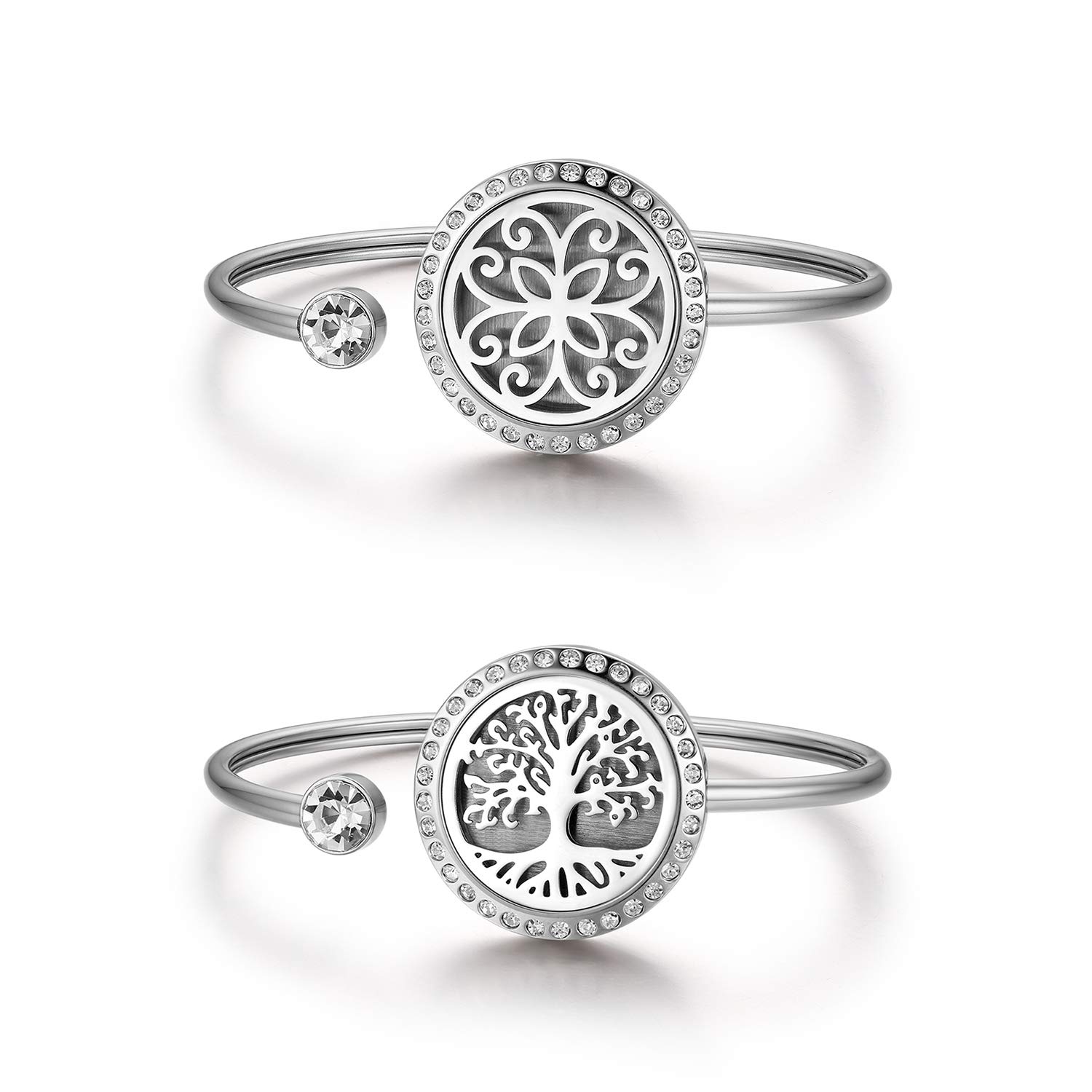 JewelryWe 2PCS Essential Oil Aromatherapy Diffuser Locket Bracelet,Hollow Flower/Tree of Life Pattern Charm Openable Stainless Steel Bangle for Ladies Women