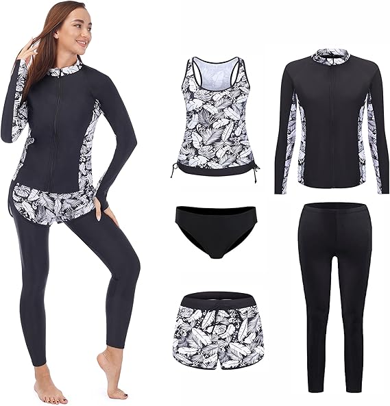 Amazon 水着 レディース ラッシュガード 長袖 レギンス ビギニ ブラーワイヤーレス サーフパンツ 体型カバー 豪華四点 五点セット Uvカット Upf50 吸汗速乾 タンキニ 通販