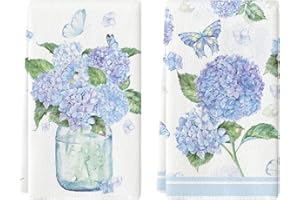 Artoid Mode Hydrangea Vase Butterfly Spring Kitchen Towels Dish Towels, 18x26 Inch Summer Flowers Holiday Decoration Hand Towels Set of 2