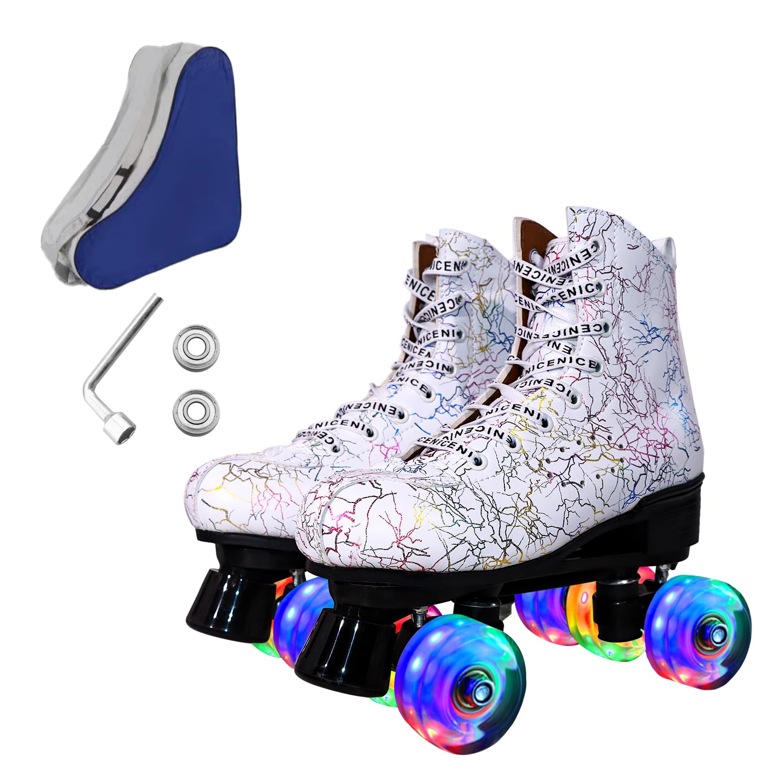 Ugboiu Roller Skates for Men and Women, Derby Roller Skates with 4 Shiny Polyurethane Wheels, Classic Double-Row Skates for Indoor and Outdoor, White Graphic Pattern Image