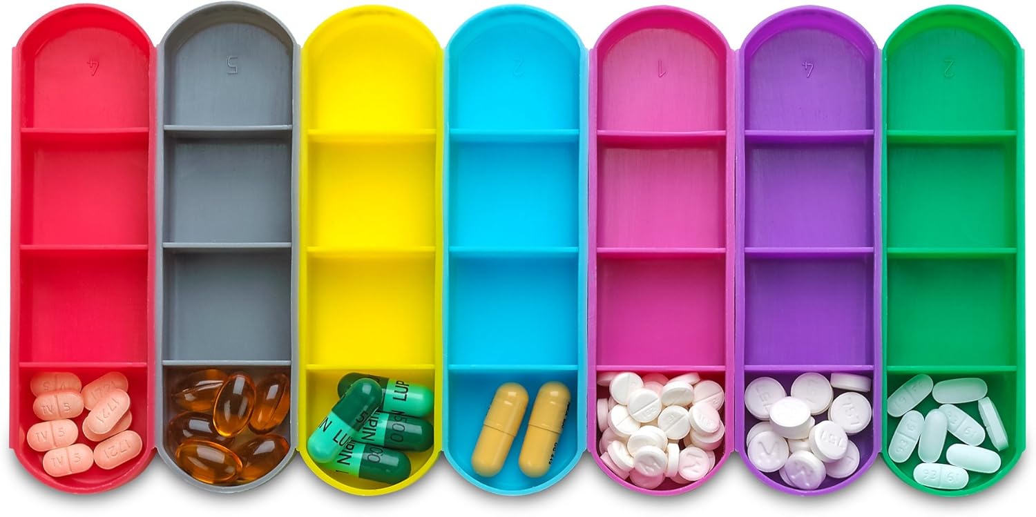 Weekly Travel Pill Organizer - Prescription and Medication Wallet Pill Box Reminder, Pill Container Dispenser Case, Vitamin Caddy Organizer, for 4 Times A Day, 7 Days a Week: Health & Personal Care
