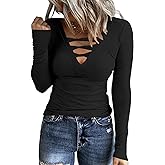 Poetsky Women's Casual V Neck Criss Cross Shirts Long Sleeve Tunic Tops Ribbed Knit Slim Fitted Tee