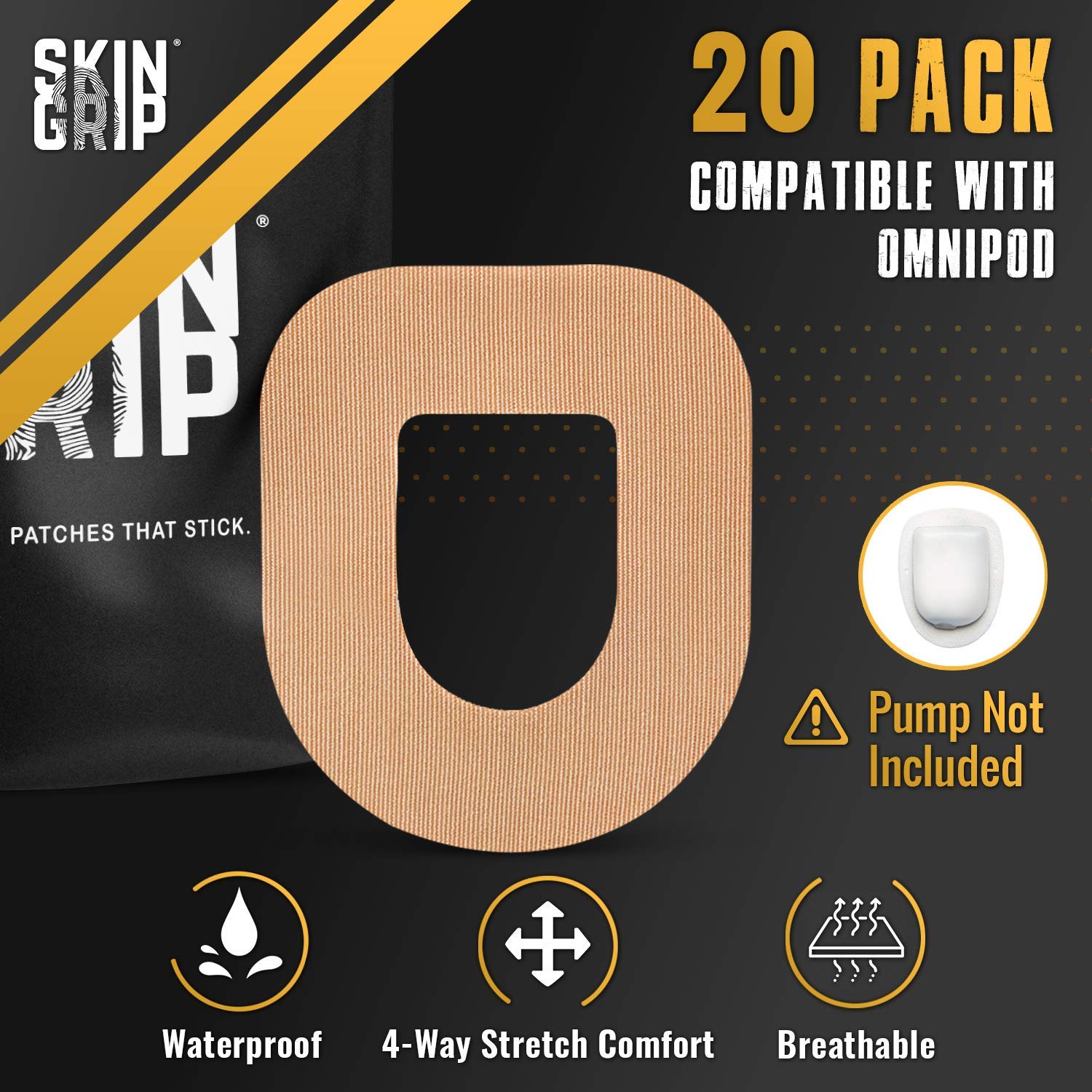 Skin Grip Insulet Omnipod 5 Adhesive Patches Waterproof & Sweatproof (Also Fits Omni pod Dash), Pre-Cut Medical Tape, Ultimate Insulin Pump Protection, Diabetic Sensor Covers, 20-Pack, Tan