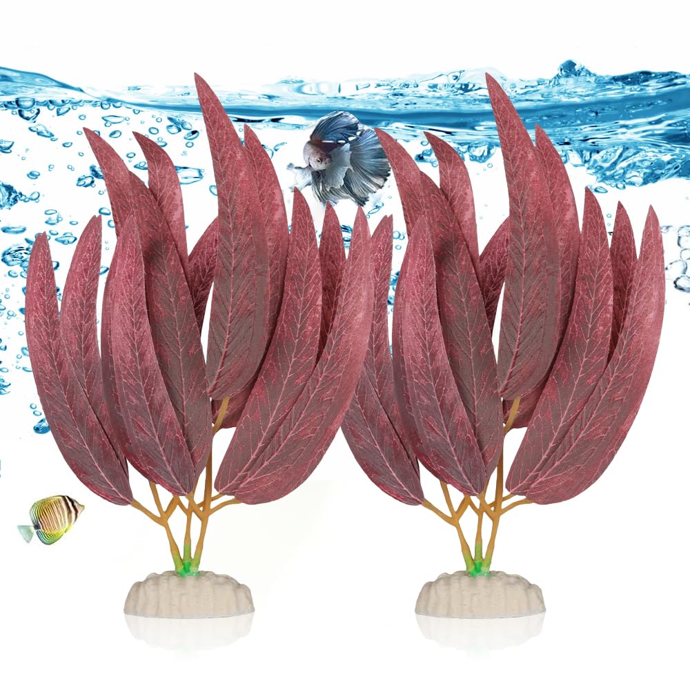 BEGONDIS 2Pcs Artificial Aquatic Plants Set - Lifelike Plastic Leaves for Aquarium Decoration, Easy to Maintain, Vibrant Underwater Garden (Red)