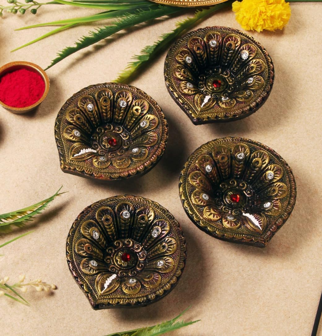 Oil Lamps & Accessories - Handmade Terracoaat Set of 4 Oxidized Clay Diya for Diwali/Navratri Decorations Oil Lamp Diwali Clay Diya Tea Light Holder Indian Decor Festival Gifts Puja Items