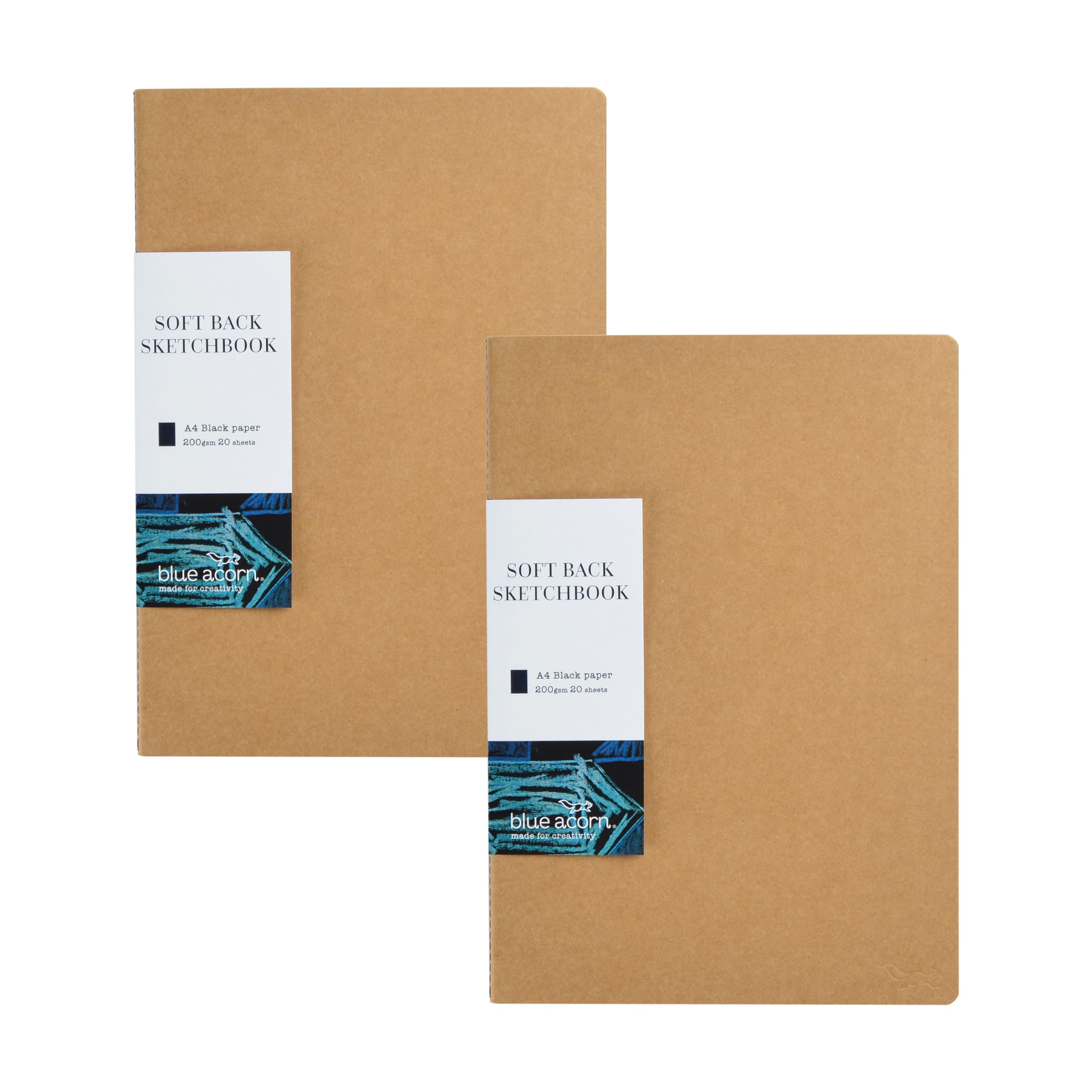 BLUE ACORN - 2 x A4 Portrait Softback Sewn Sketchbook - 20 Sheets 200gsm Black Cartridge Paper - Natural Cover - Ideal for Metallic Marker Pens, Shimmery Watercolours & Gel Pens