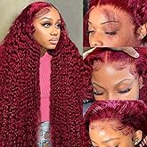 KRKRYQ 30 Inch 99J Burgundy Deep Wave Lace Front Wigs Human Hair 200% Density 13x6 HD Lace Frontal Wigs for Women 100% Real H