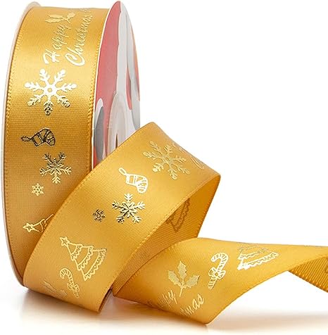 Amazon Co Jp ギフトラッピング用のクリスマスリボン 幅25mm 23メートル 赤 緑 金グログランリボン Diyギフトクラフトアクセサリー用の黄金のクリスマステーマパターン G12 ホーム キッチン