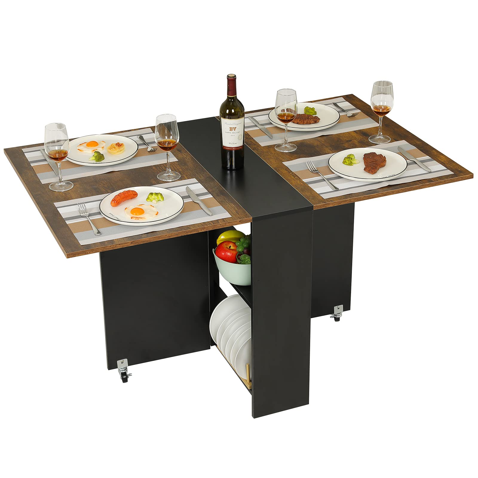 Tiptiper Folding Dining Table with 6 Wheels, Folding Kitchen Table with ...