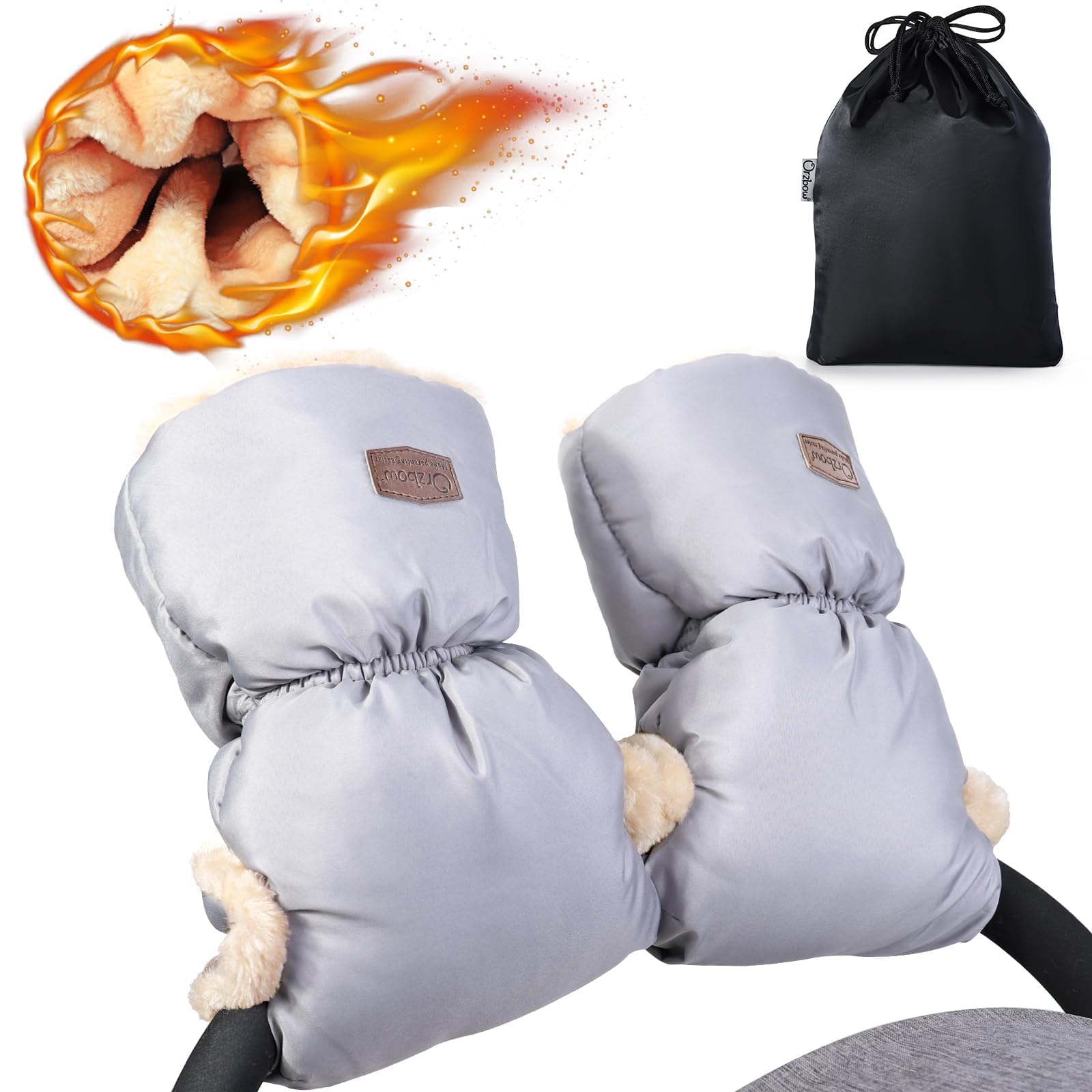 Orzbow Faux Sheepskin Pram Hand Muff, Fleece Pushchair Hand Muff, Warm Pram Hand Warmer, Winter Waterproof Windproof Anti-Freeze Extra Thick Handmuff for Pram Accessories (Light Grey)