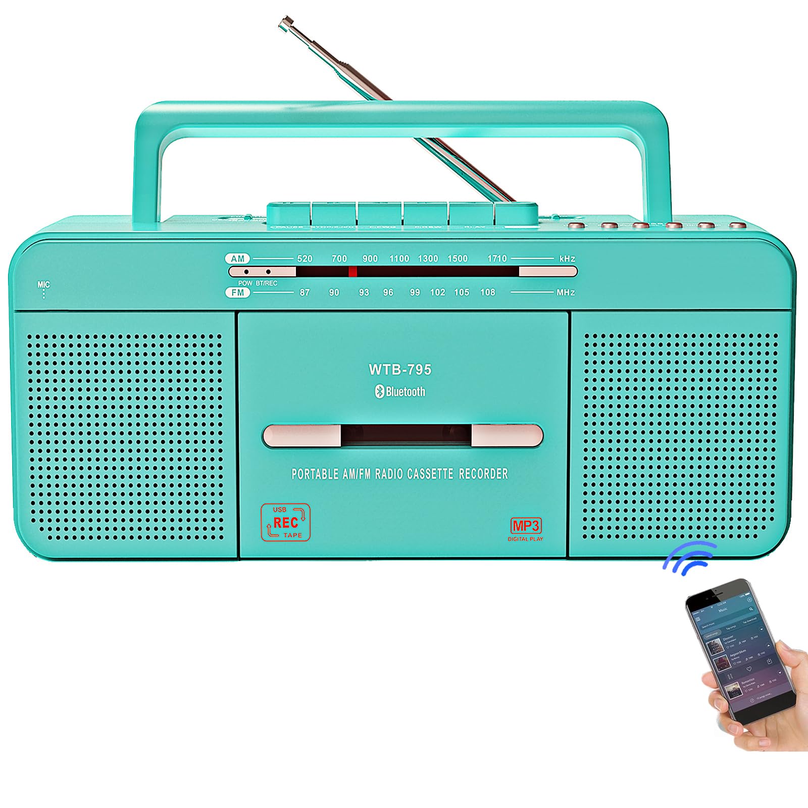 Photo 1 of Portable Retro Stylish Cassette Player Recorder Boombox with Bluetooth,USB,AM/FM Radio,Tape Player/Recording,USB Playback/Recording,Cassette to MP3 Converter,Earphone Jack,AC/DC Powered(Teal)