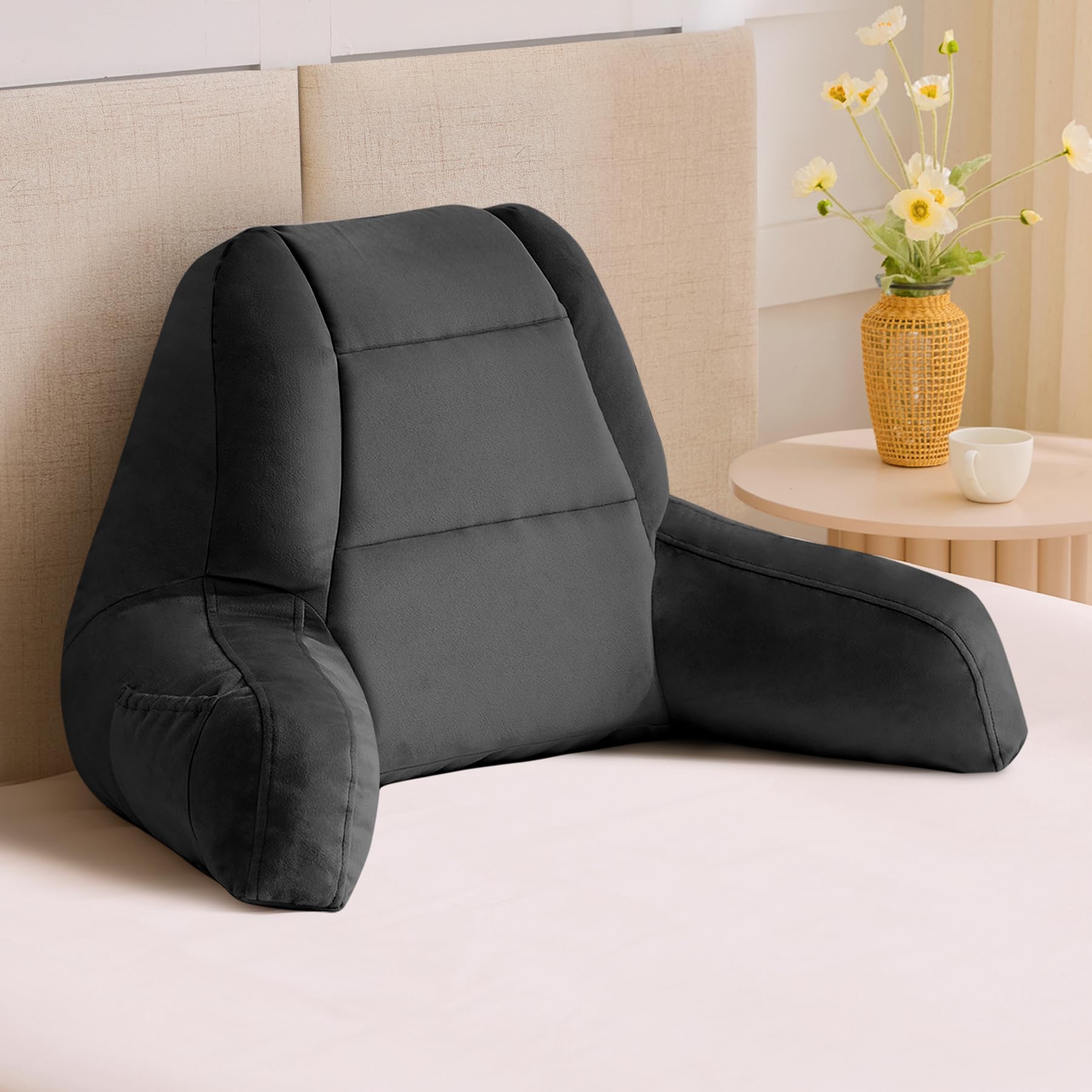 Photo 1 of IASEAHK Reading Pillows for Sitting in Bed Adult, Back Pillow for Bed Sitting Up, Backrest Pillows with Shredded Foam for Adult&Teens, Support Pillow with Arms for Beds, Couch, Floor, 24in, Black