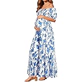 Maternity Dress Baby Shower - 2025 Photoshoot Pregnancy Summer Floral Maxi Off Shoulder Casual Dress