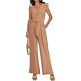 PRETTYGARDEN Summer Outfits 2025 Wide Leg Jumpsuits for Women Casual V Neck Sleeveless Belted High Waist Long Pants Rompers