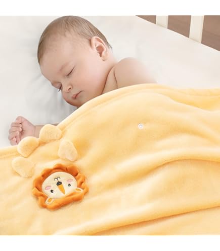 Lion Design Baby Blanket - 100% Cotton Knitted Swaddle 39x31 Inches Beige