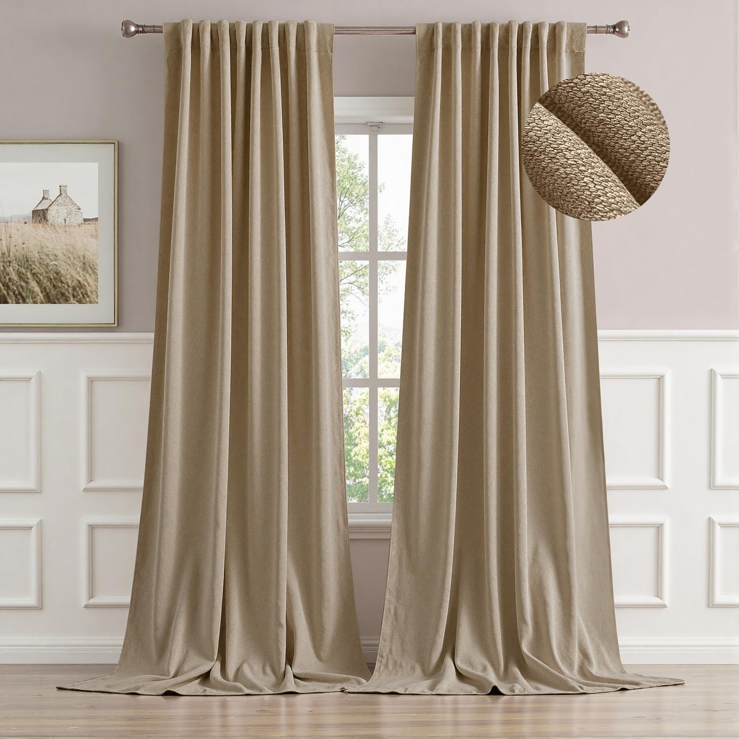 Photo 1 of MIULEE Khaki Faux Linen Blackout Curtain 96 Inch Long 2 Panels Set Rod Pocket/Back Tab/Pinch Pleated Floor to Ceiling Room Darkening Textured Black Out Track Drapes for Bedroom Living Room
