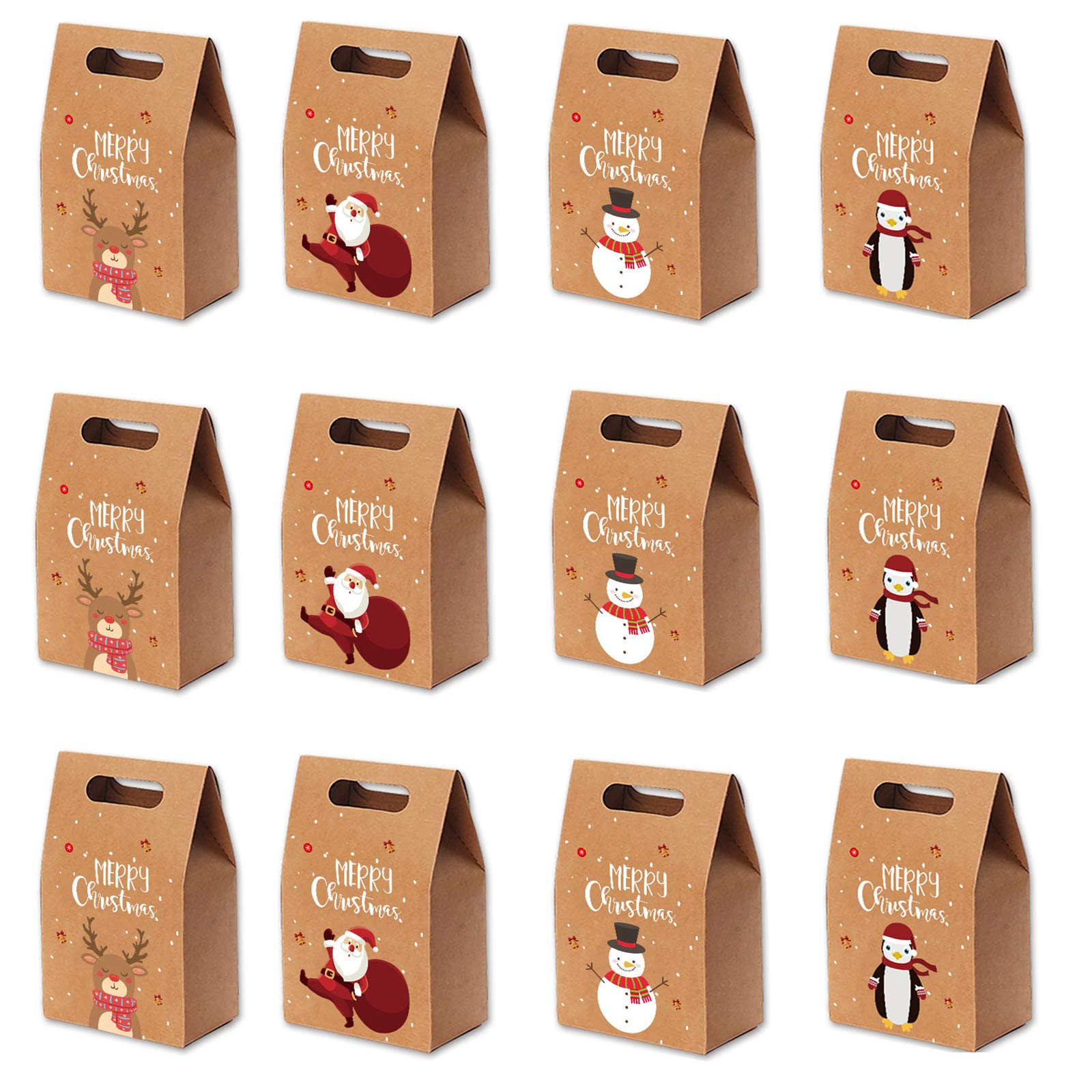 12PCS Christmas Kraft Gift Boxes, Christmas Party Treat Goody Candy Bag, with Santa Claus, Elk, Snowman, Penguin Pattern, for Christmas Party Candy Gifts, Party Decoration