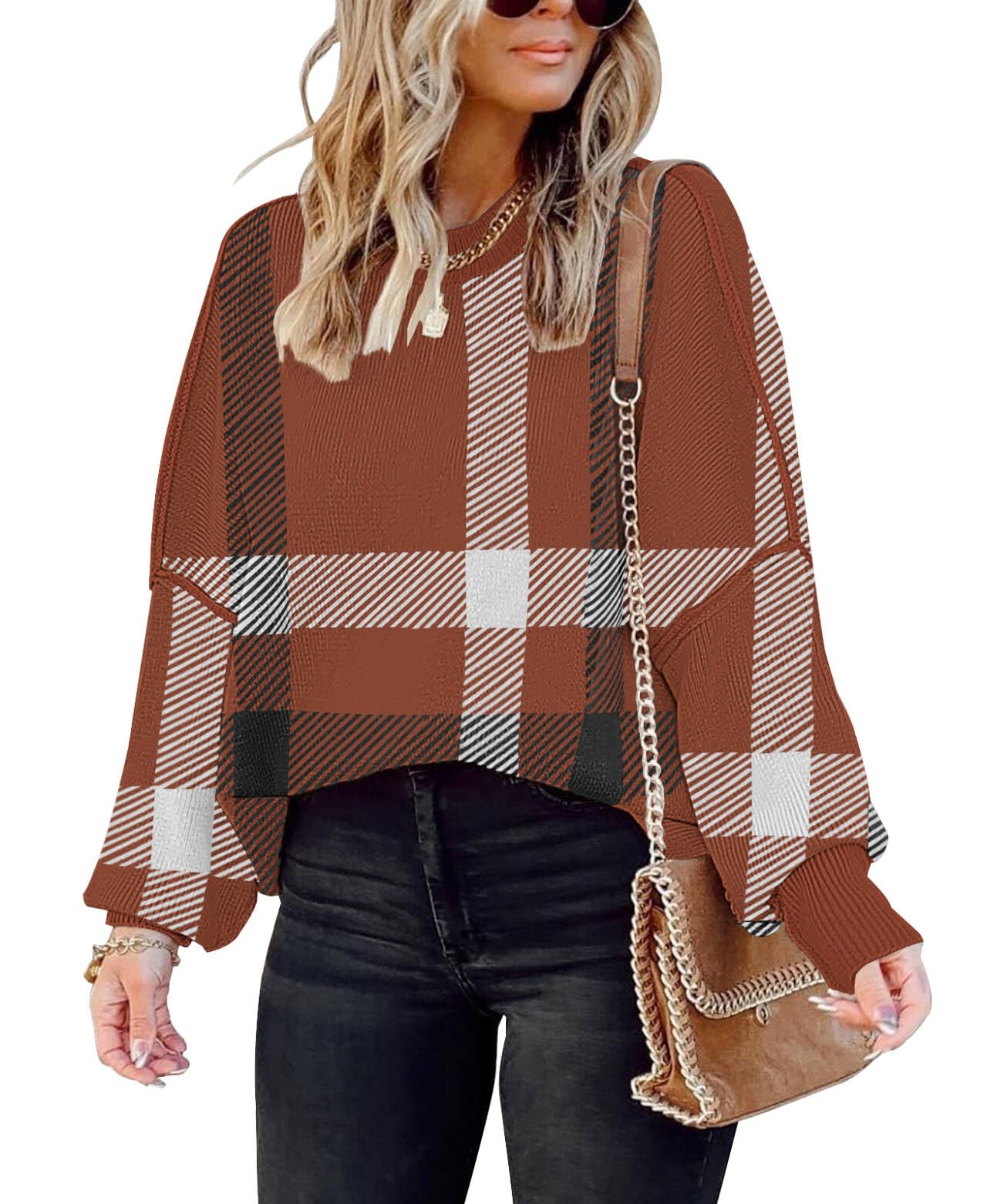 Womens Causal Crewneck Batwing Sleeve Knit Top Side Split Oversized Pullover Sweater Loose Jumper Image