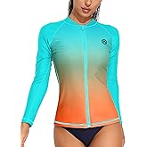 ATTRACO Women's Long Sleeve Rash Guard UV Sun Protection Zipper Gradient Swimsuit Top