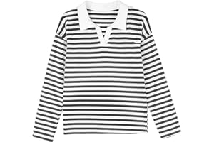 HGps8w Striped T Shirts for Women Color Block Collar V Neck Long Sleeve Casual Tops Fall Preppy Loose Blouses