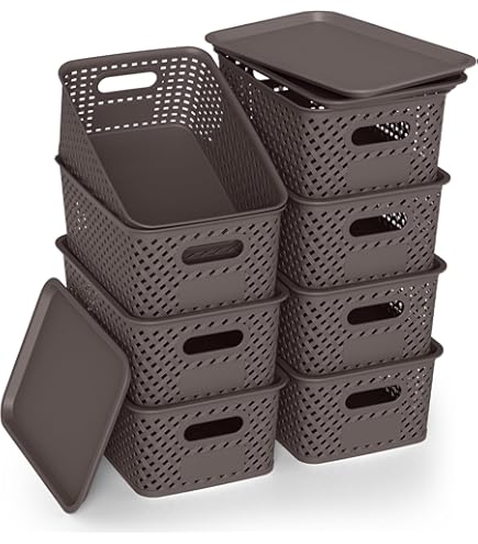 thumbnail interactive-video image 1 of Plastic Storage Bins With Bamboo Lids - 6 Pack Stackable Organization Baskets For Home & Office Shelves 1 of 3