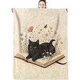 olpddz Black Cat and Book Flannel Blanket Gifts for Kitten Lover,60x50inch,Cozy Literary Throw Blankets with Fantasy Floral and Adorable Pet,for Bedroom,Sofa,Living Room,Camping Home Decor Throws