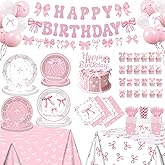 Pink Bow Birthday Decorations 235Pcs Party Decorations Set for Women & Girls Supplies Serve 24 Include Bow Plates Napkins Cups Banner Tablecloth Cake Topper Balloons Bow Theme Tableware Backdrop Decor
