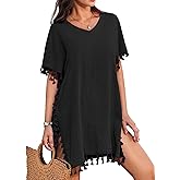 AI'MAGE Women Bathing Suit Cover Up Tassel Swimsuit Coverup Short Sleeve Beach Cover Ups Dress V Neck Beach Wear S-3XL