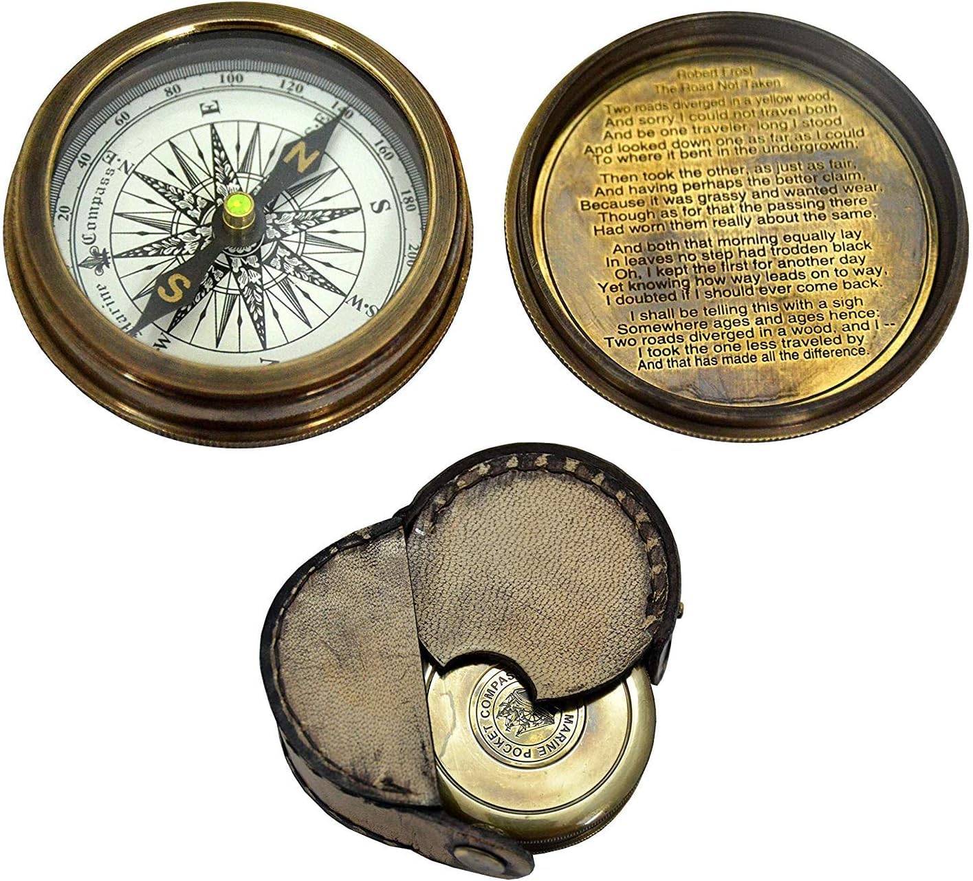 Antique Robert Frost Poem Compass-Pocket Compass w Leather Case