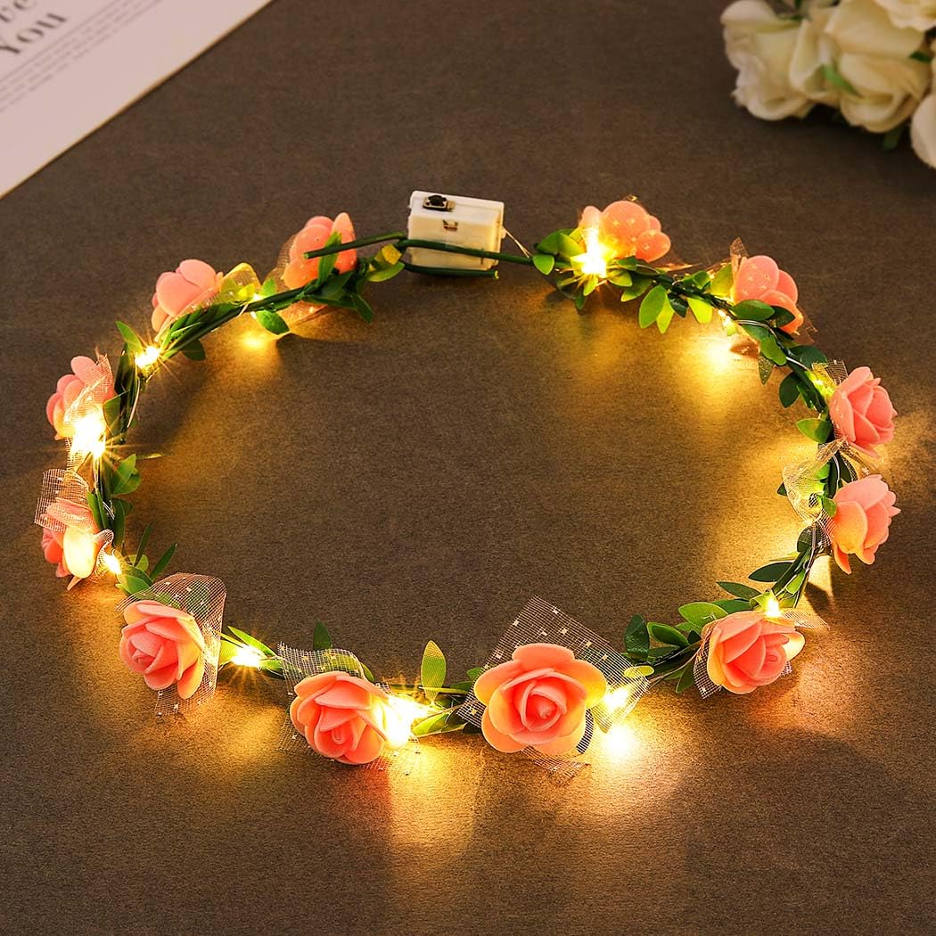 Zoestar Light Up Flower Crown Headband LED Hair Wreath Headbands Bridal Floral Headpiece Festival Party Hair Accessories for Women and Girls (Pink, Standard Size)