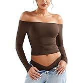 YEOREO Sophie Women Off Shoulder Long Sleeve Shirts Double Lined Basic Undershirt Y2K Going Out Tops