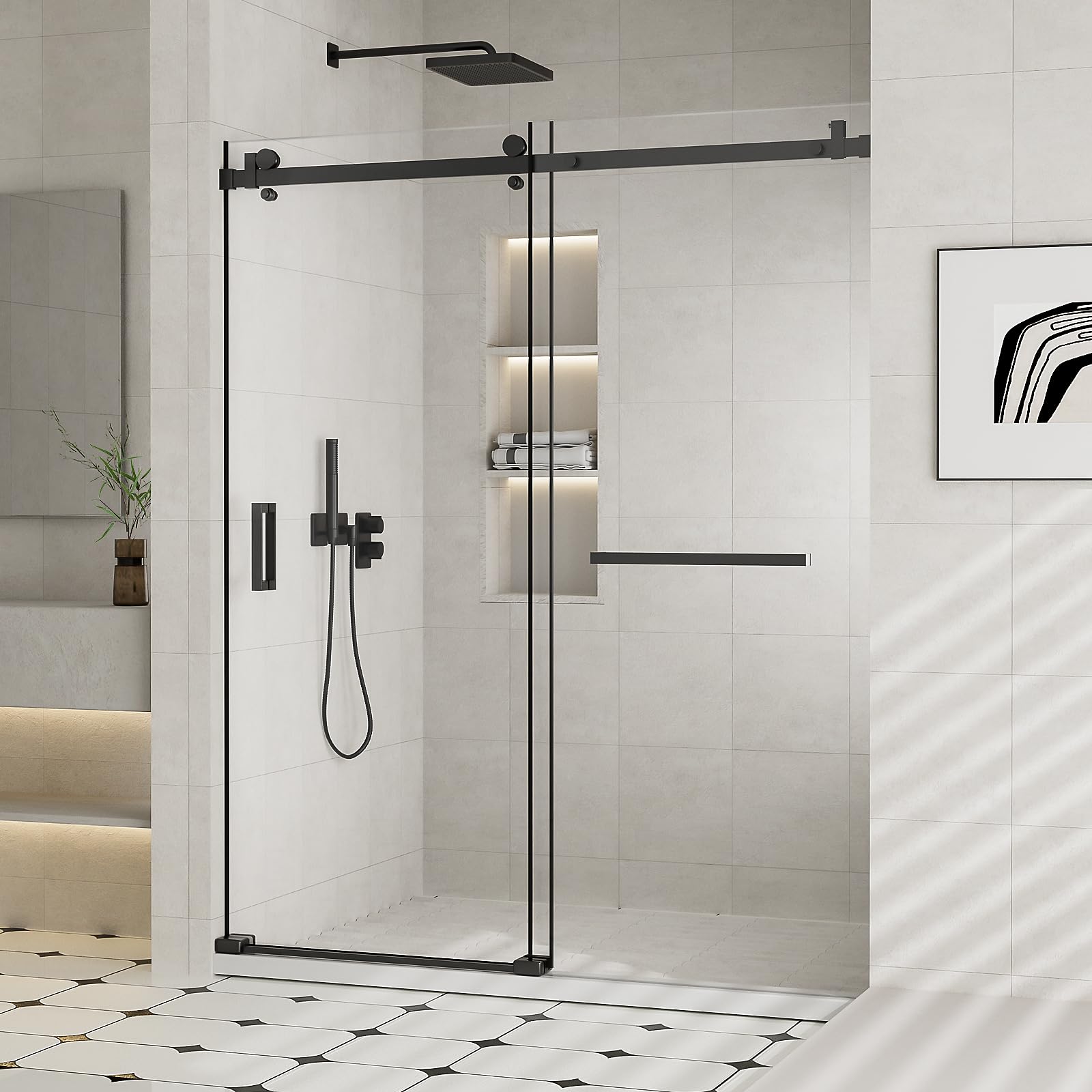 Photo 1 of ***DAMAGED/DOOR SEAL IS CUT*** AVKENOEDY Shower Door,60" W x 74" H Frameless Sliding Shower Door,Glass Shower Door with 1/4"(6mm) Clear SGCC Tempered Glass,Explosion-Proof Film,Two Stainless Handles Matte Black