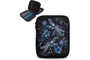 Hechitok Dragonfly Flower Empty Crochet Hook Case Portable Travel Crochet Storage Bag Organizer Zipper Bags with Web Pocket and Crochet Holder Slots for Crochet Knitting Accessories