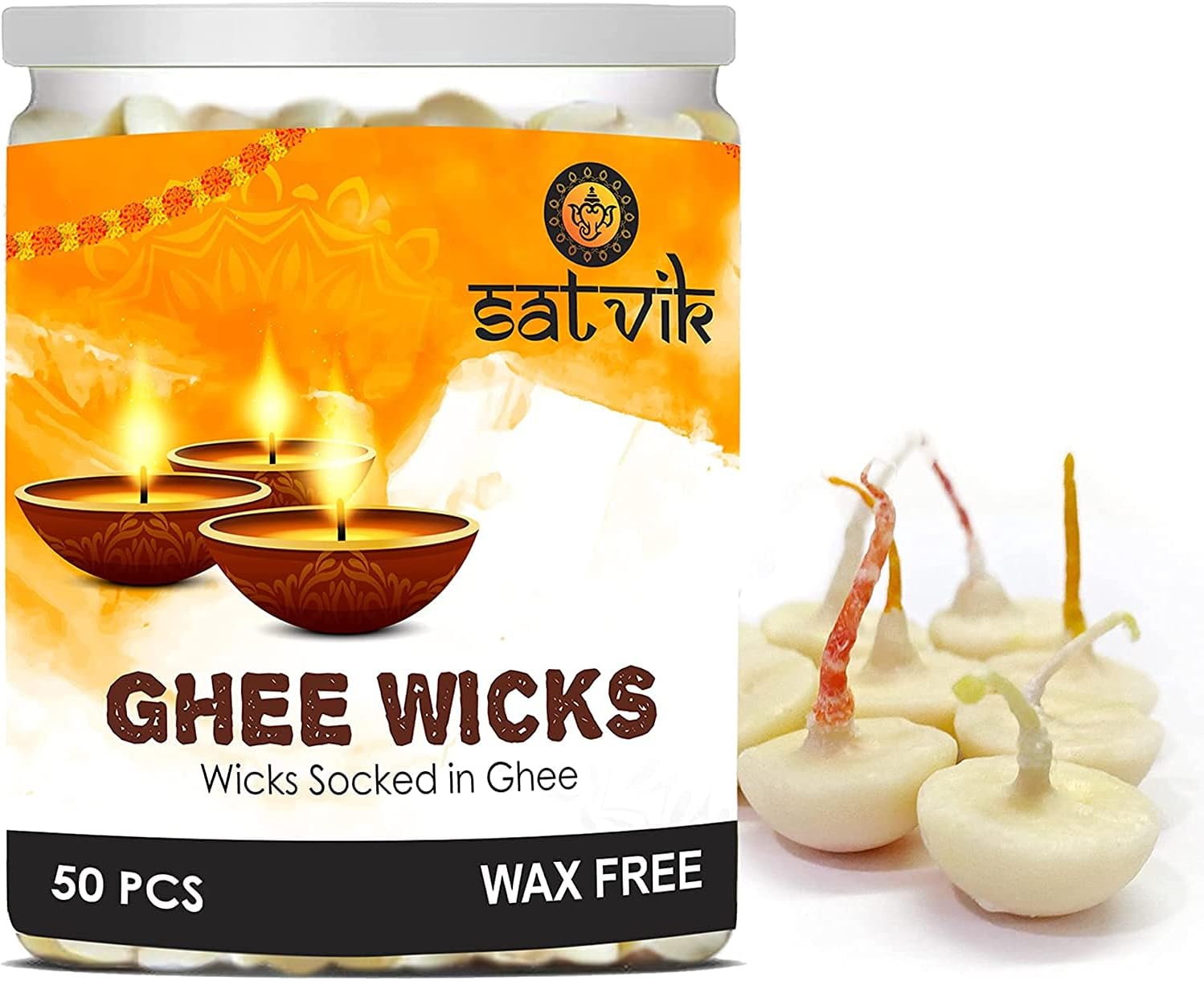 Oil Lamps & Accessories - SATVIK 50 Pcs Pure Ghee Wicks for Puja Pooja for Home and Mandir. Nitya Pujan Readymade Ghee Jyot Jyoti Pujan Indian Housewarming Return Gift Items Puja Accessories. Diwali Diya Cotton Wicks