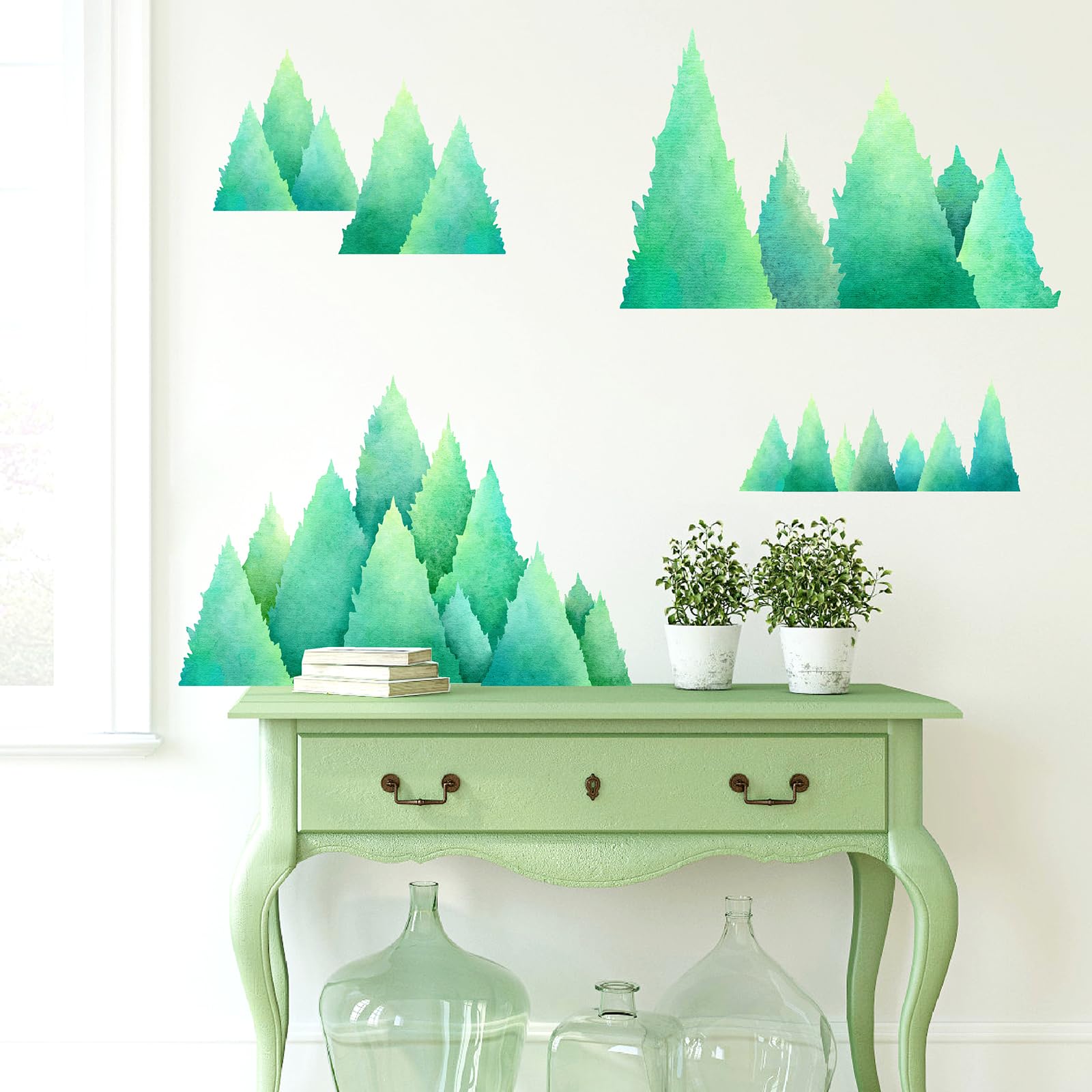 Watercolor Pine Tree Wall Decals Large Evergreen Tree Wall Stickers Green Tree Branch Wall Decals Forest Woodland Tree Wall Stickers for Nursery Bedroom Living Room Decor — image 1