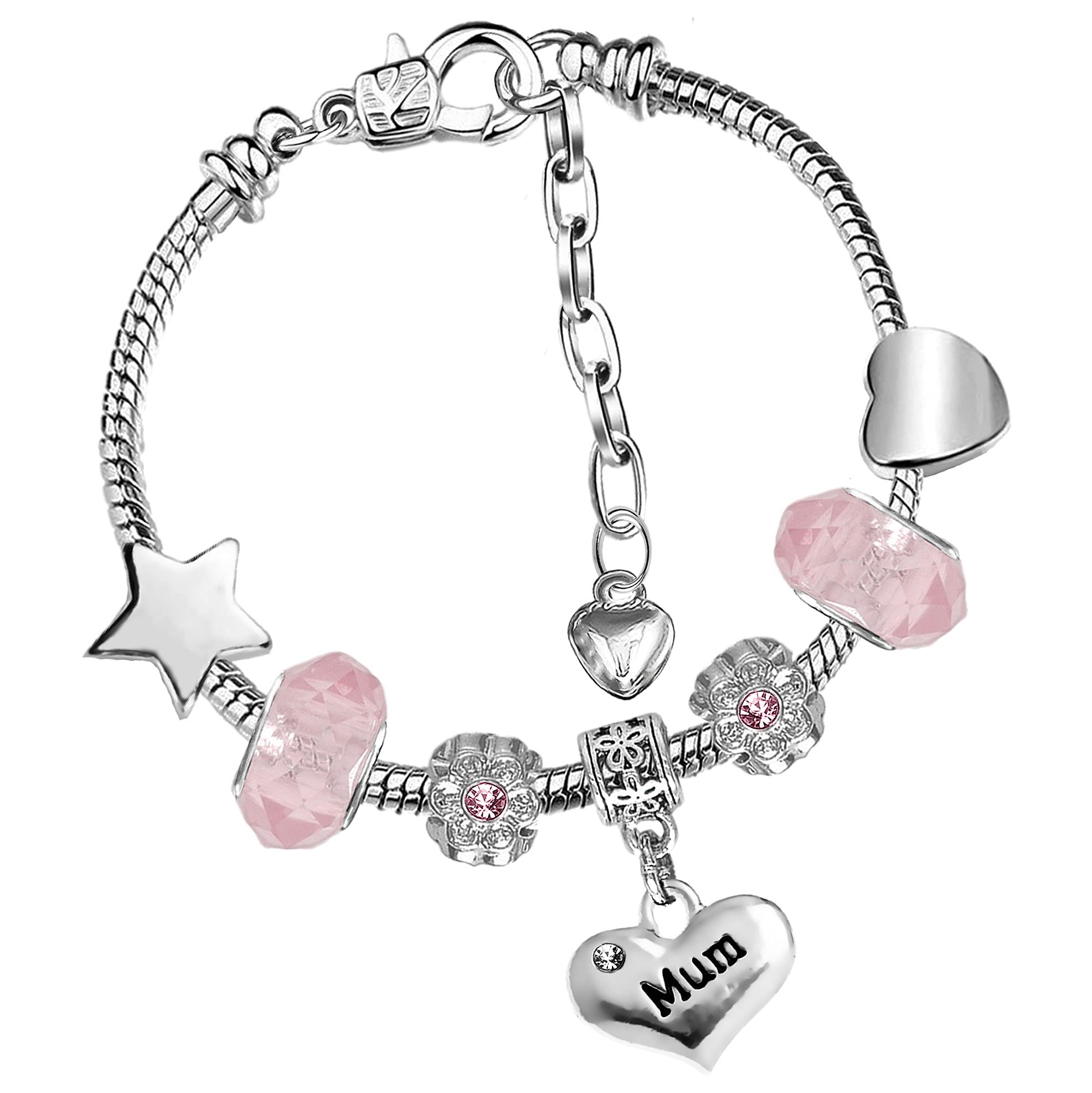 Mum Sparkly Crystal Adjustable Charm Bracelet with Gift Box Womens Jewellery (1. Pink)