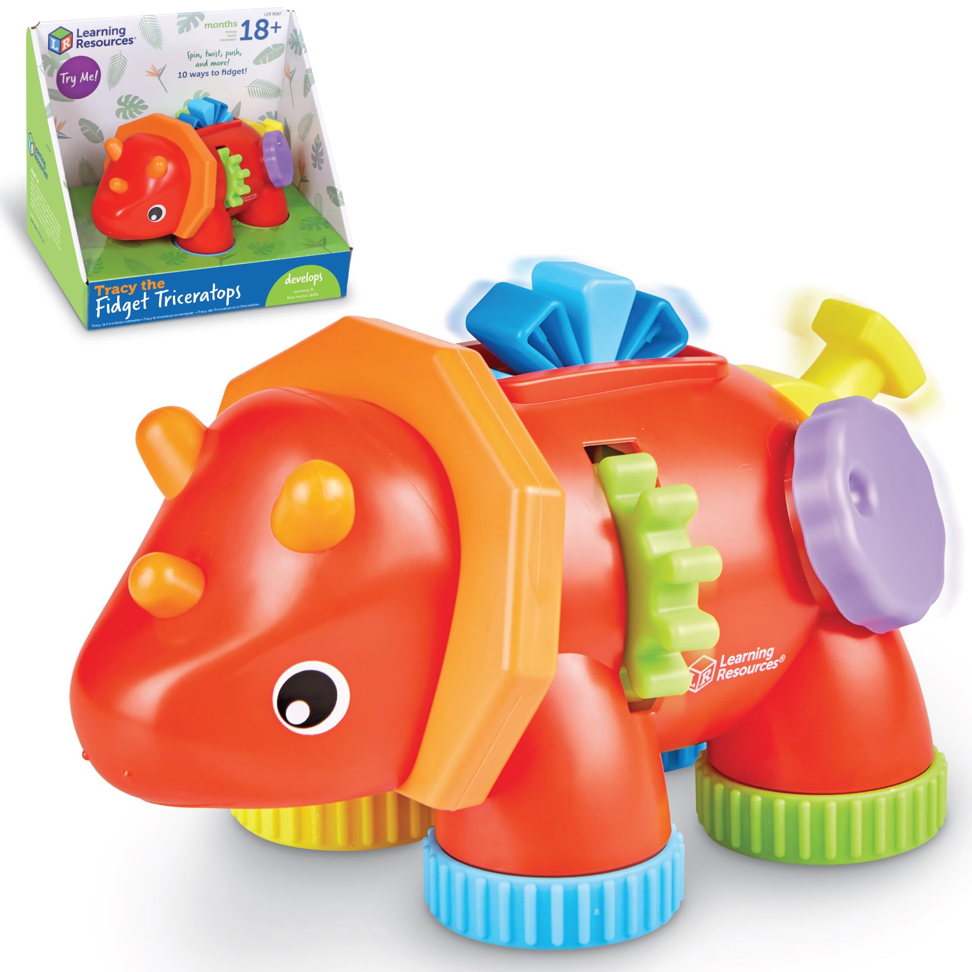 Learning Resources Tracy the Fidget Triceratops, 1 Piece, Ages 18 Months+, Baby Toys, Sensory Toys For Toddlers, Fine Motor Toys, Montessori Toys