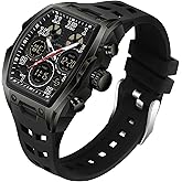 Mens Watches for Men Unique Rectangle Watches Military Digital Analog Sports Outdoor Watch White Wristwatch with Alarm,Stopwatch,Countdown,Hourly Chime,Luminous and Waterproof Multi-Function Watch