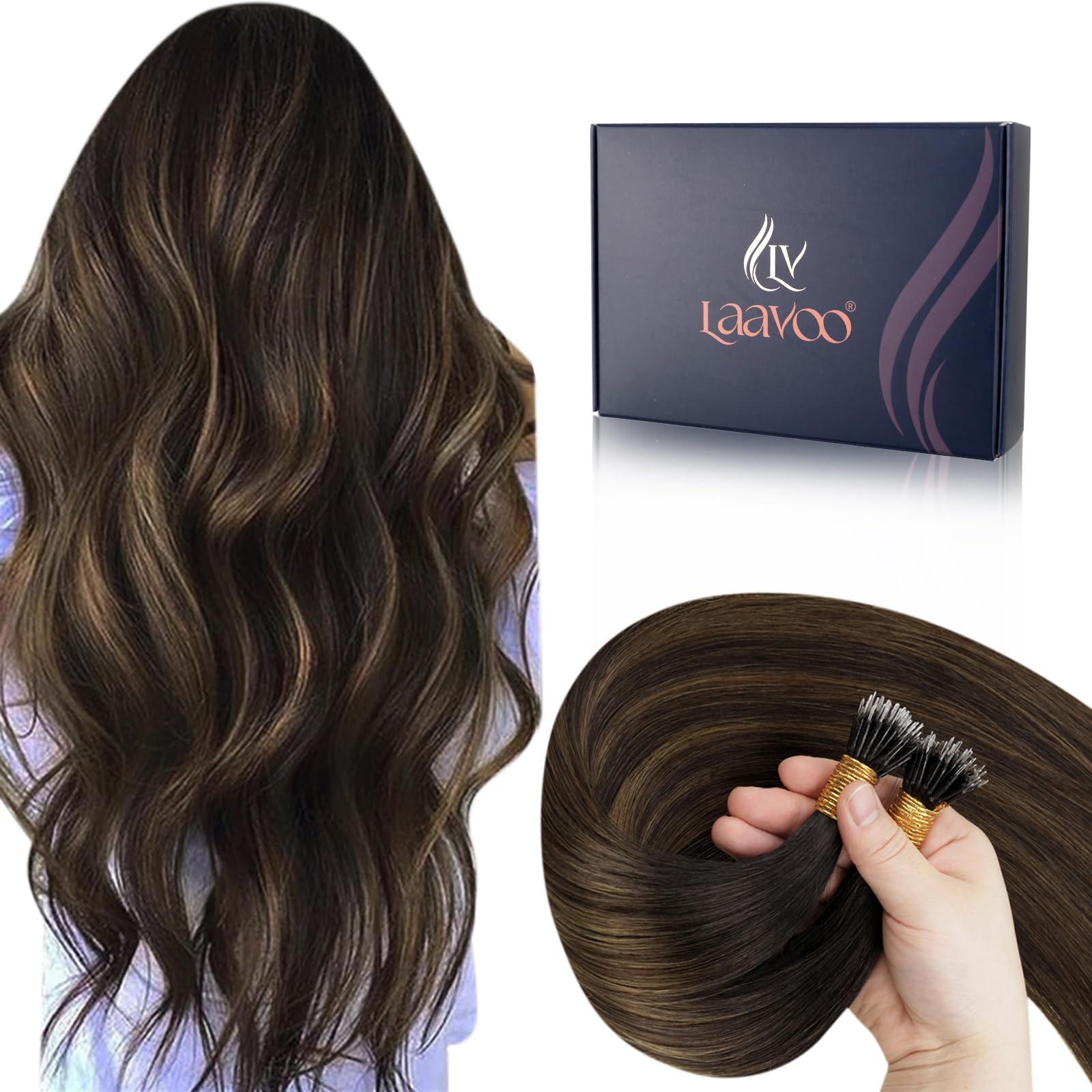 LaaVoo Nano Hair Extensions Real Human Hair Darkest Brown Nano Beads Hair Extensions 16 Inch Balayage Light Brown Invisible Nano Ring Straight Remy Hair 50g 50s #2/6/2 — image 1