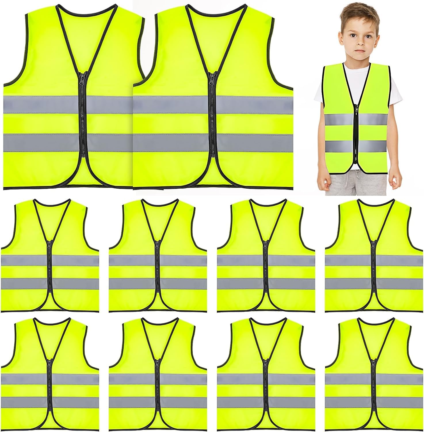 10 Pcs Kids Safety Vest, Children's High Visibility Vest with Zipper Toddler Reflective Kids Construction Neon Traffic with Reflective Strips for Cycling and Running