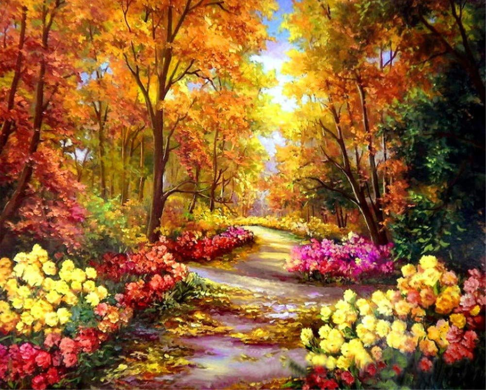 ABEUTY DIY Paint by Numbers for Adults, Forest Path Flower Trees 16x20 inches Number Painting Art Therapy