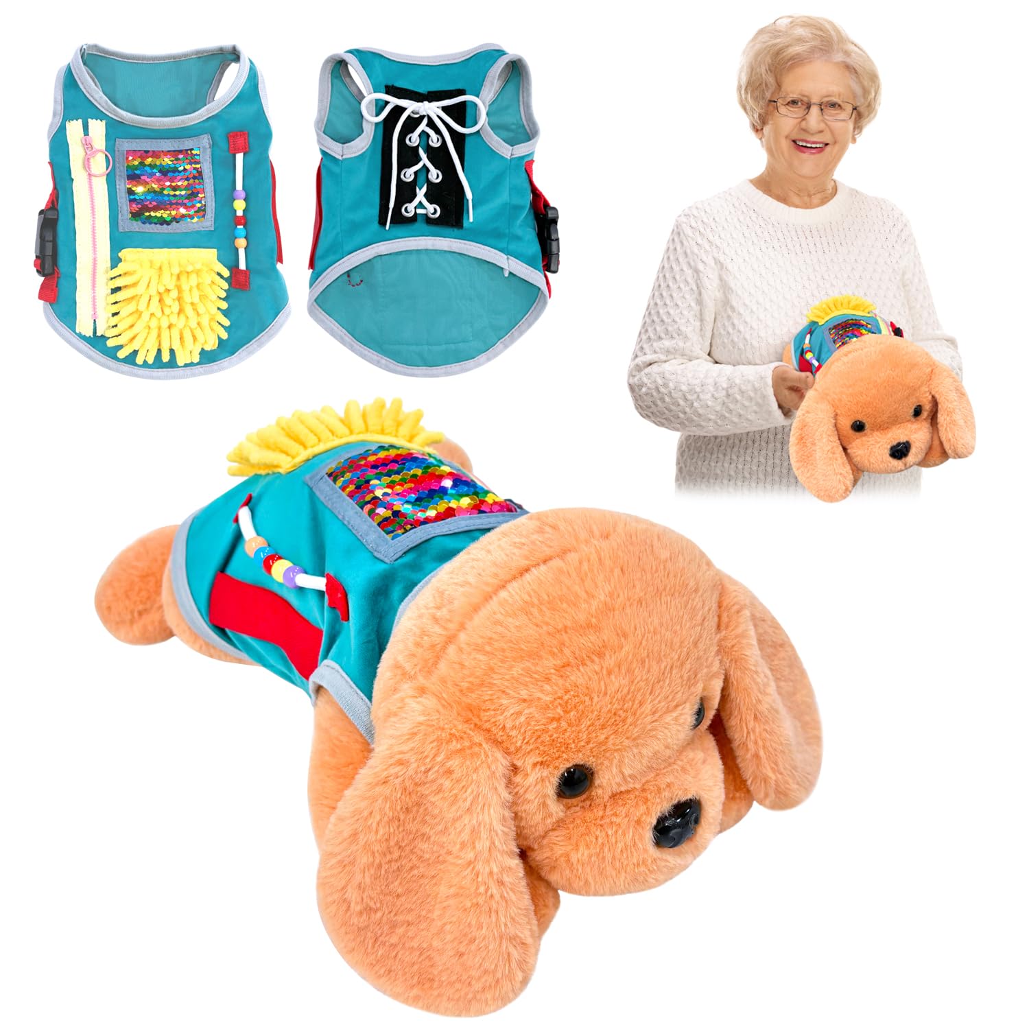 LEOANITTY Fidget Dog Blanket for Elderly, Fidget Sensory Dog Blanket for Dementia, Gift and Activities for Seniors with Alzheimer’s or Dementia, Sensory Fidget Blanket