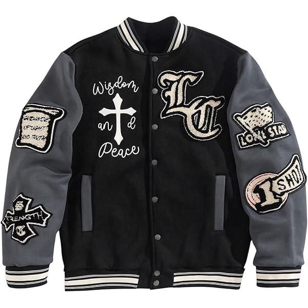 SOLY HUX Men's Letter Graphic Varsity Jacket Long Sleeve Button Up