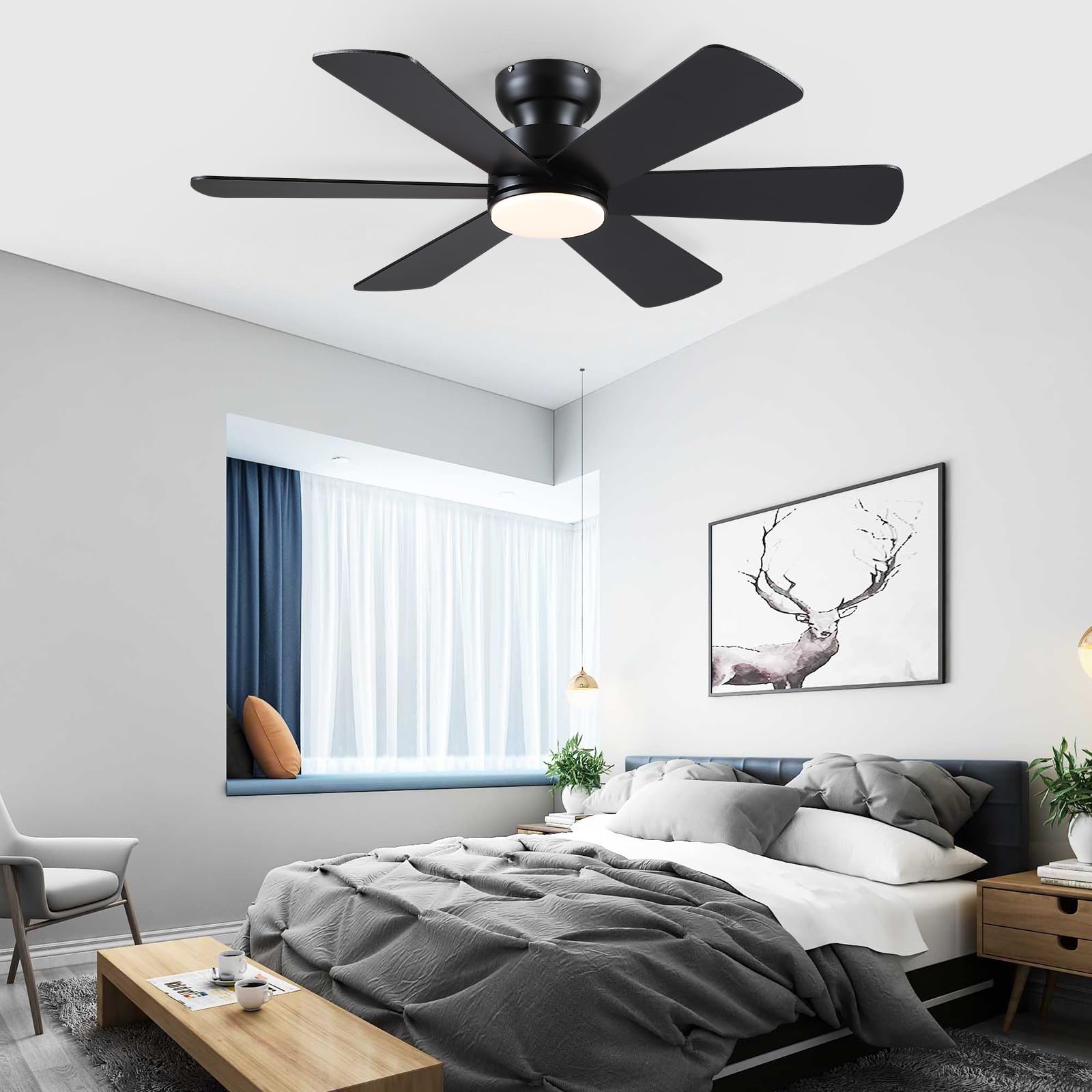 46 inch Ceiling Fans with Lights, Black Ceiling Fan with Remote APP, Dual-Sided Modern/Rustic 6 Blades, Reversible, 3CCT, Flush Mount Low Profile Ceiling Fan with Lights Bedroom Kitchen Indoor