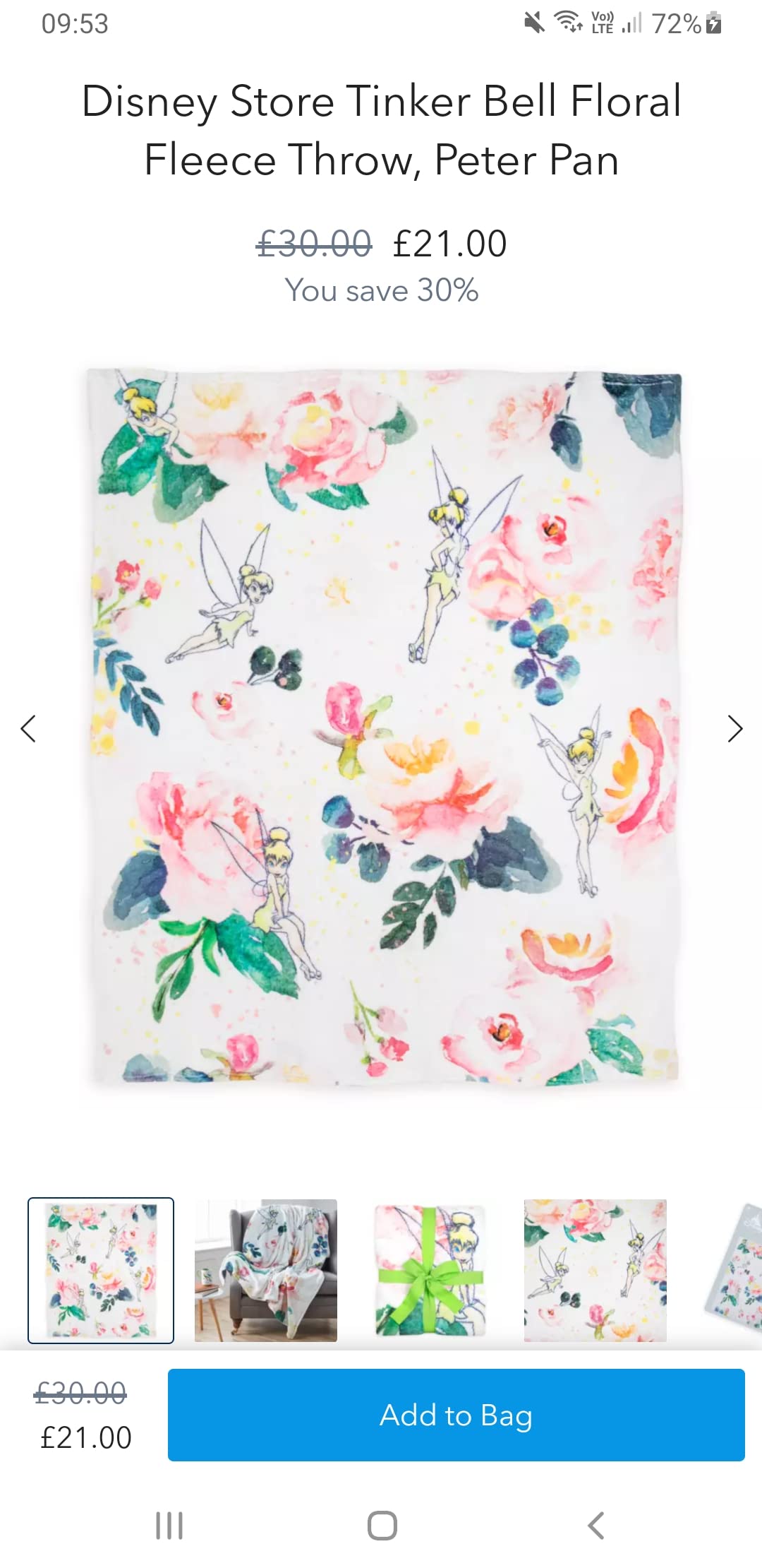 Eeyore Disney Tinkerbell Fleece Throw Blanket (152cm x 183cm)