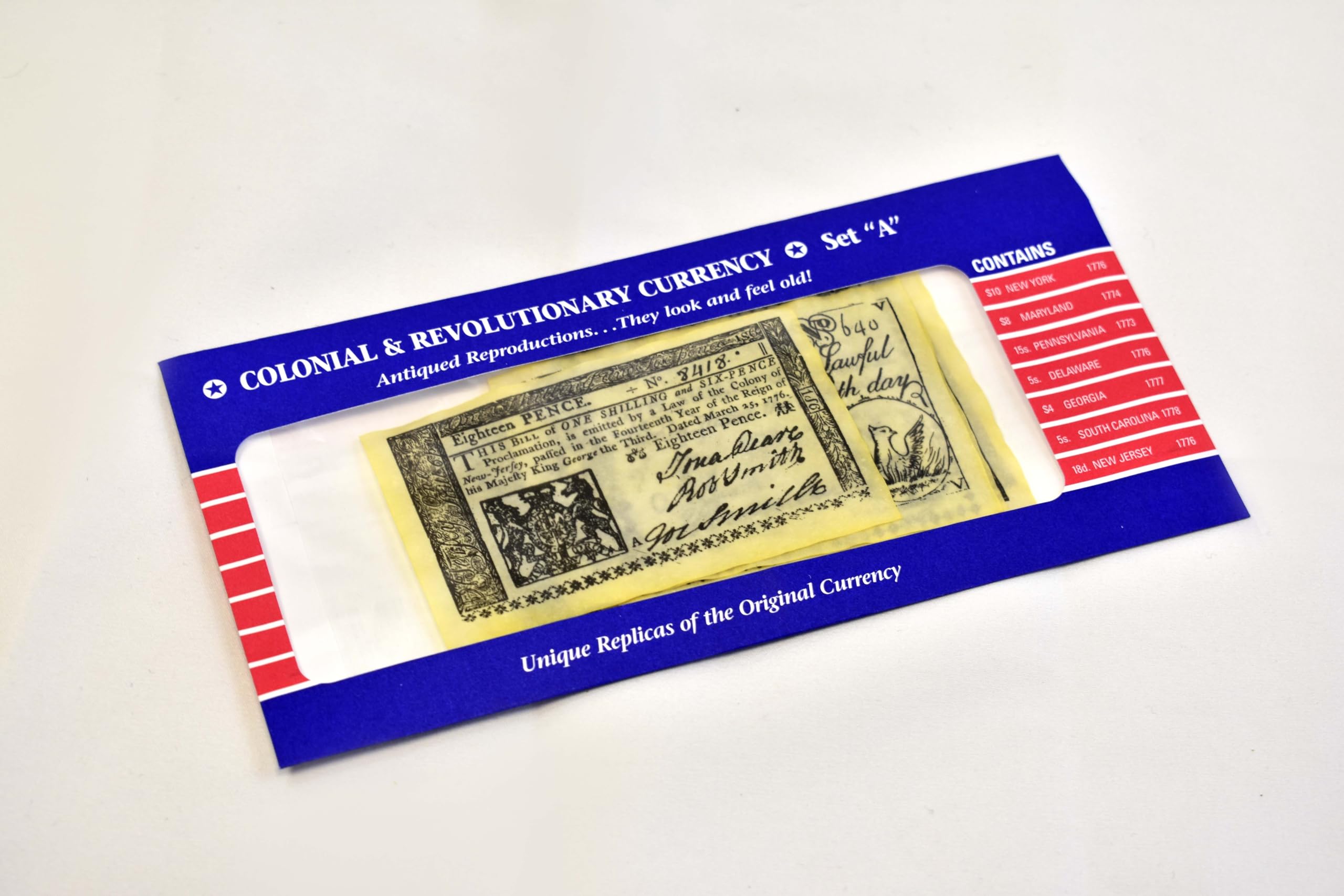 Our Amendments - Colonial and Revolutionary Currency Set A, Authentic Parchment Replica Bank Notes in Envelope- 7 replica bills from 1700's included